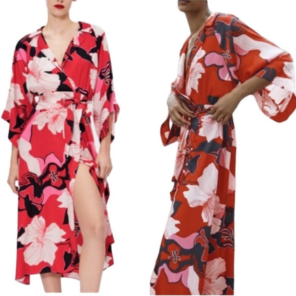 NWOT Zara Red Pink Floral Satin Kimono Tie Waist Wrap Midi Dress Shirtdress - M